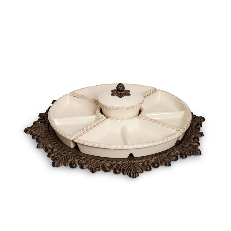 Cream Ceramic Lazy Susan with Bronze Metal Base