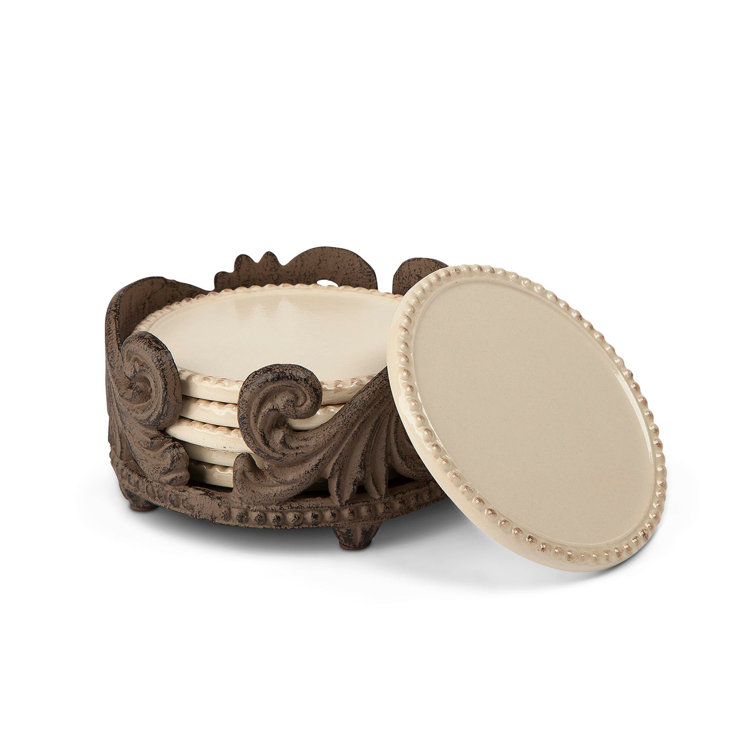 Cream Ceramic 6-Piece Coaster Set with Cast Metal Holder