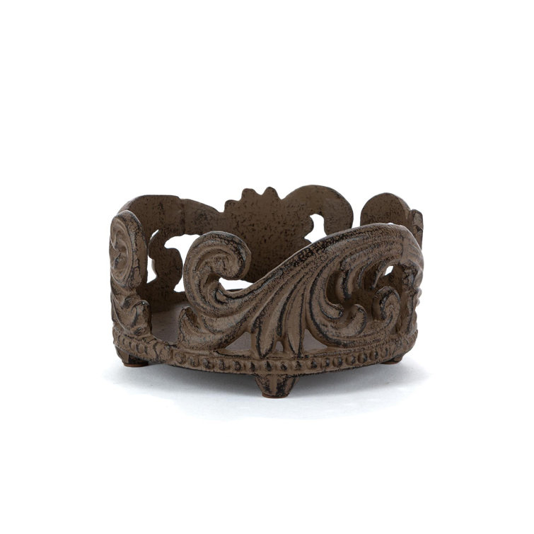 Cream Ceramic 6-Piece Coaster Set with Cast Metal Holder