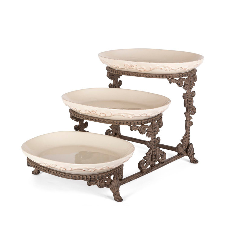 Tan Ceramic Triple-Tiered Christmas Platter Server