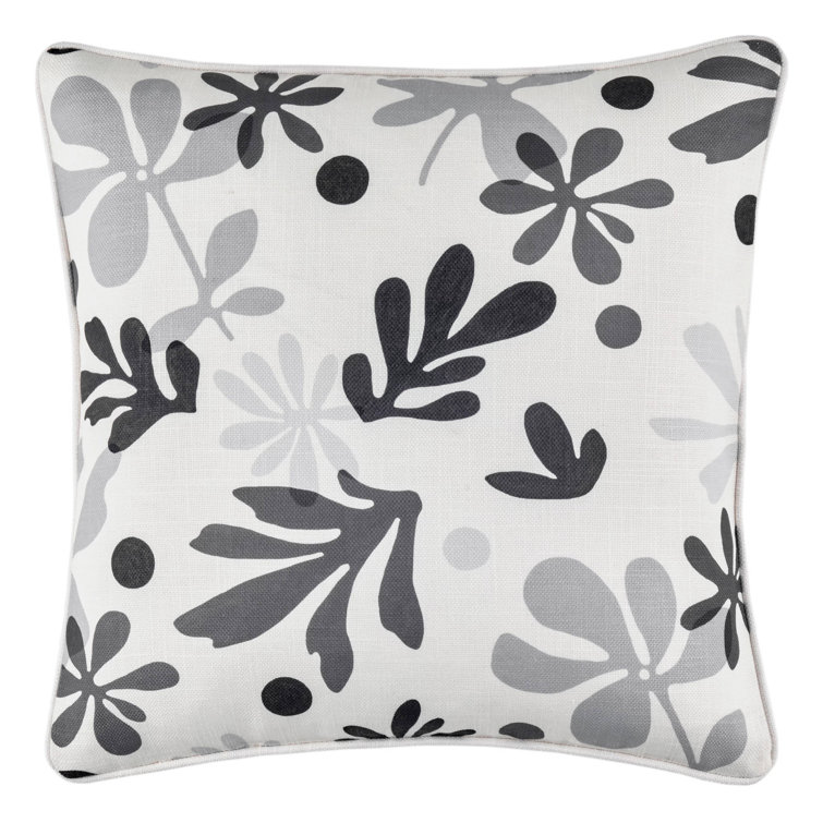 Gray and Black Floral Polyester Outdoor Throw Pillow