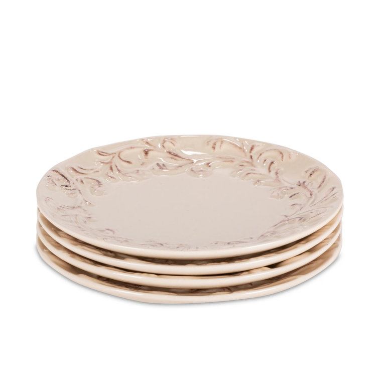 Handcrafted Cream Ceramic Dinner Plates with Embossed Border, Set of 4