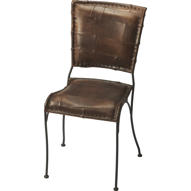 Asymmetrical Brown Leather and Iron Side Chair with Top Stitched Accents
