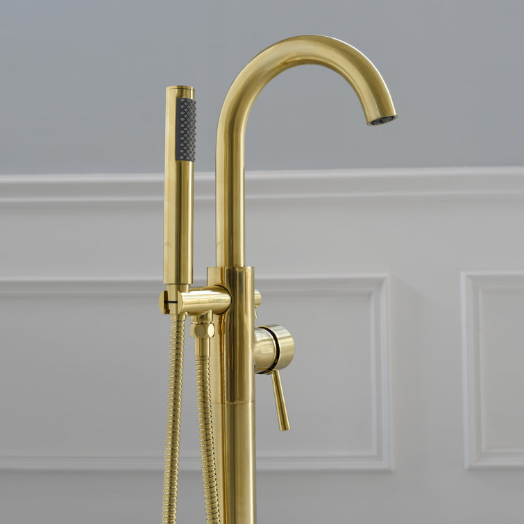 Brushed Gold Freestanding Tub Filler Faucet with Hand Shower