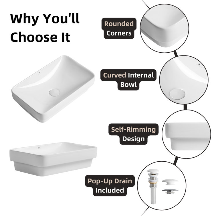 Glossy White Ceramic Rectangular Drop-In Bathroom Sink