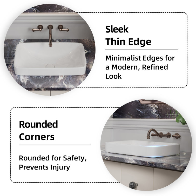 Glossy White Ceramic Rectangular Drop-In Bathroom Sink