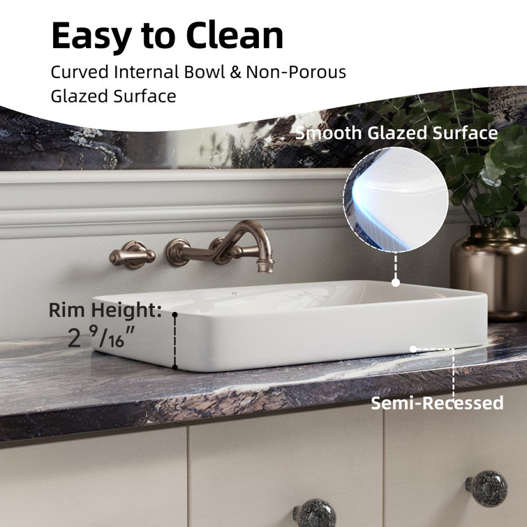 Glossy White Ceramic Rectangular Drop-In Bathroom Sink