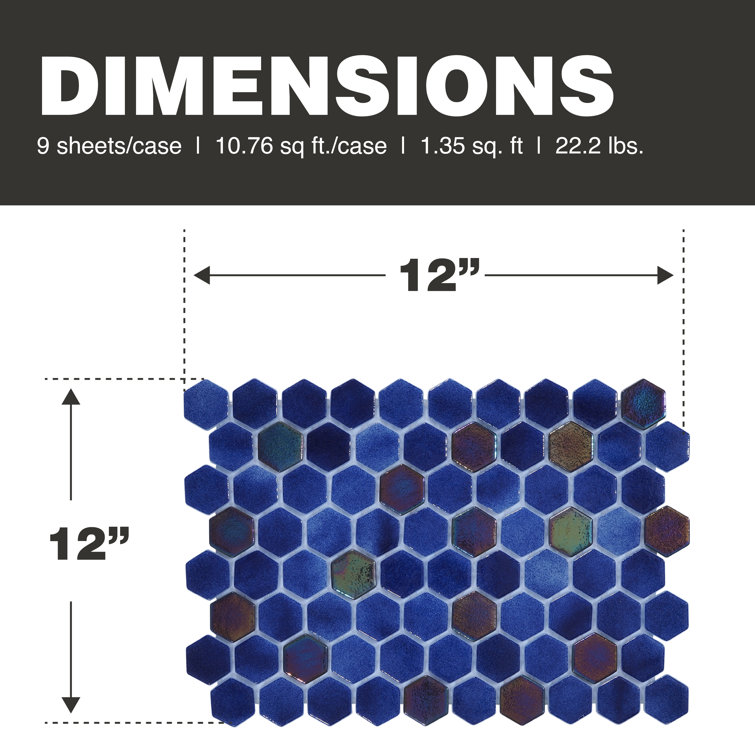 Dark Blue Iridescent Glass Hexagon Mosaic Tile 12x12
