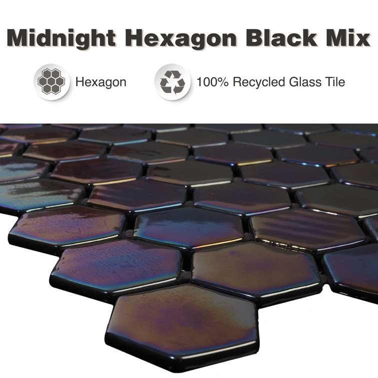 Glossy Midnight Black and Blue Hexagonal Glass Mosaic Tile