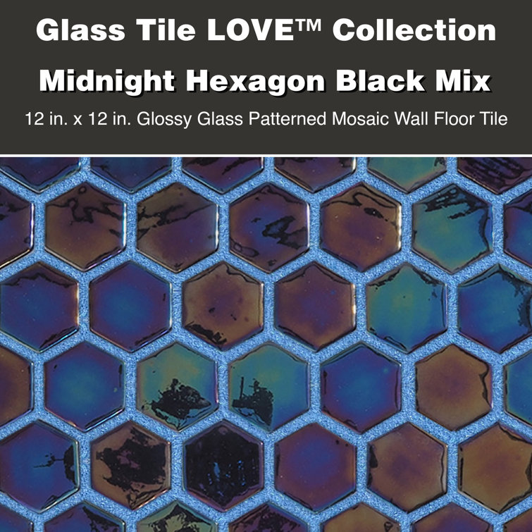 Glossy Midnight Black and Blue Hexagonal Glass Mosaic Tile