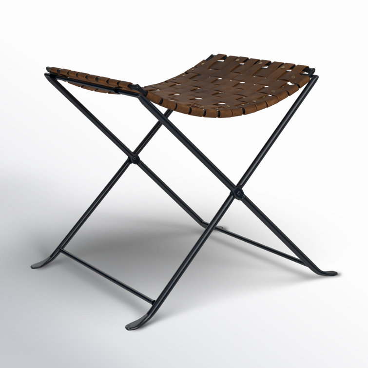 Rustic Charm Black Iron and Brown Leather Stool with Nailhead Trim