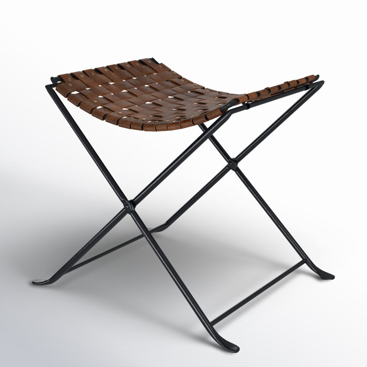 Rustic Charm Black Iron and Brown Leather Stool with Nailhead Trim