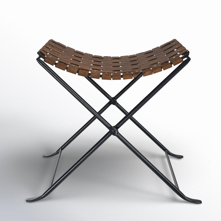 Rustic Charm Black Iron and Brown Leather Stool with Nailhead Trim