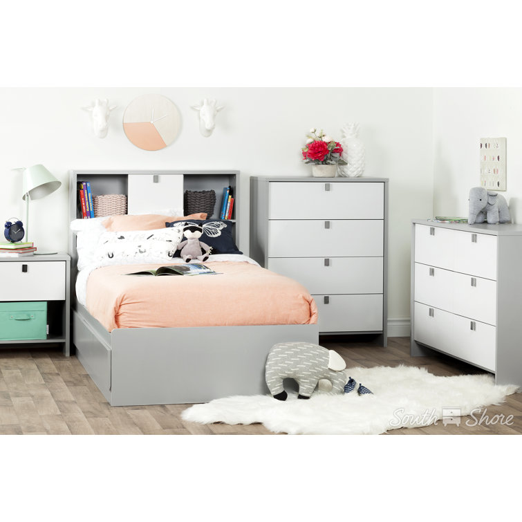 Soft Gray Twin Wood Captain's Bed with Storage Drawers