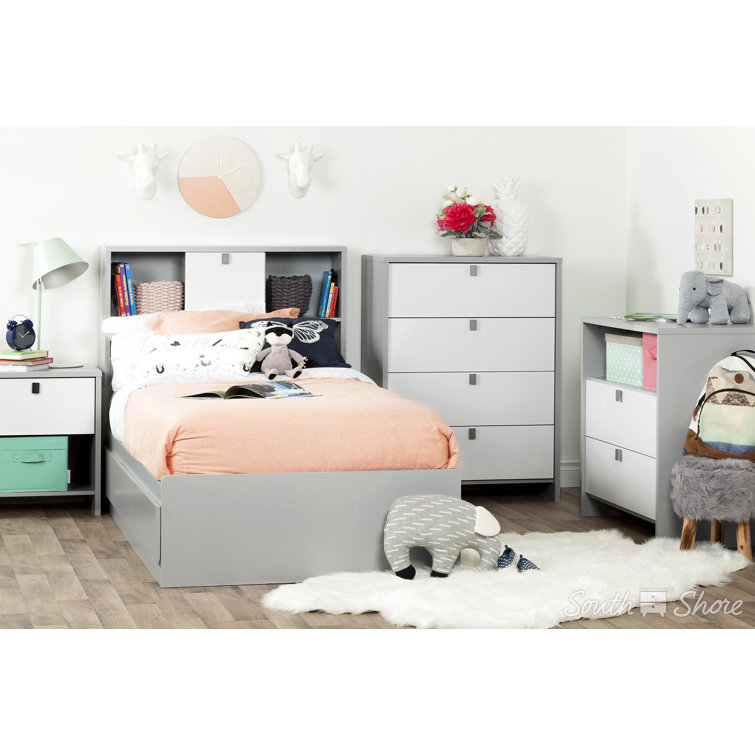 Soft Gray Twin Wood Captain's Bed with Storage Drawers