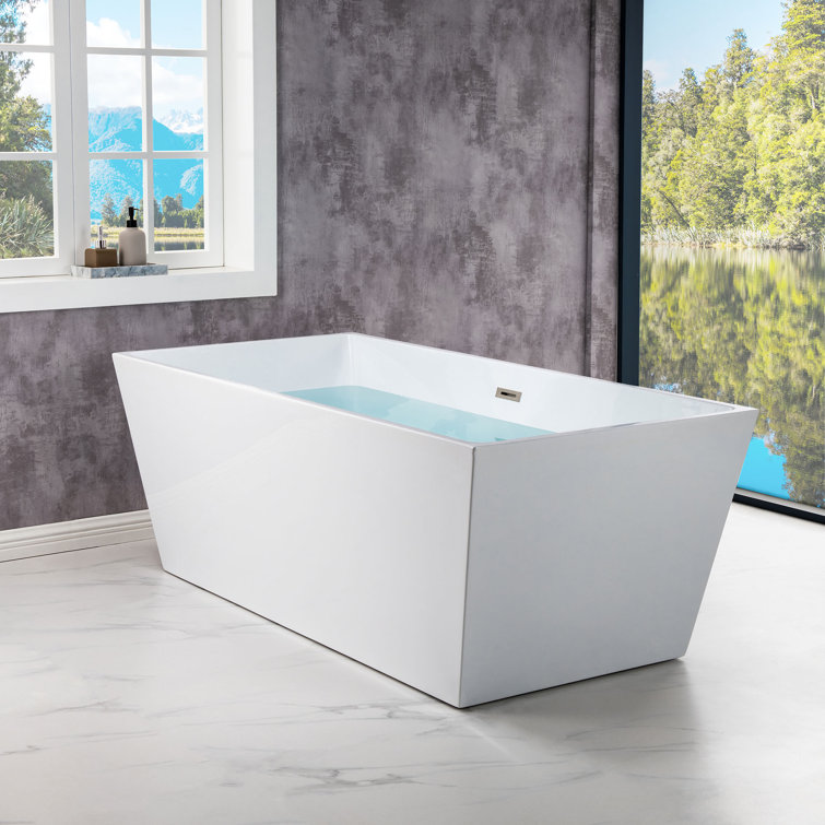 White Acrylic Freestanding Rectangular Bathtub with Brushed Nickel Drain