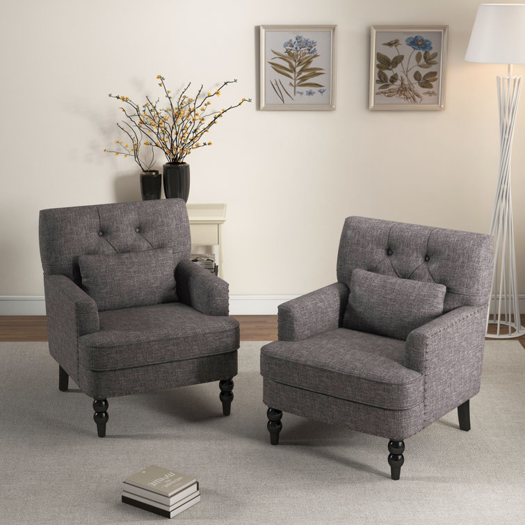 Gray Polyester Blend Tufted Armchair Set with Dark Wood Legs