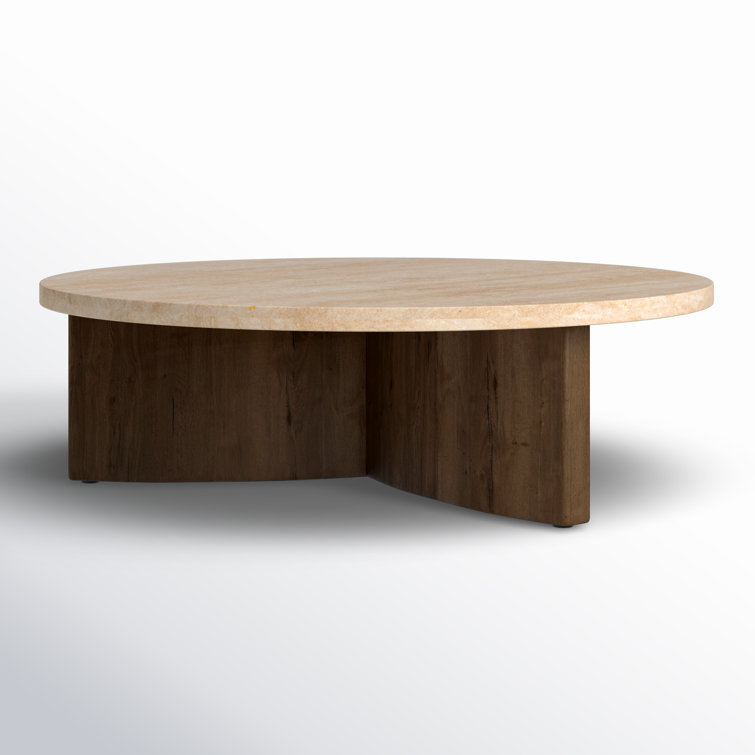 Round Travertine and Oak Coffee Table
