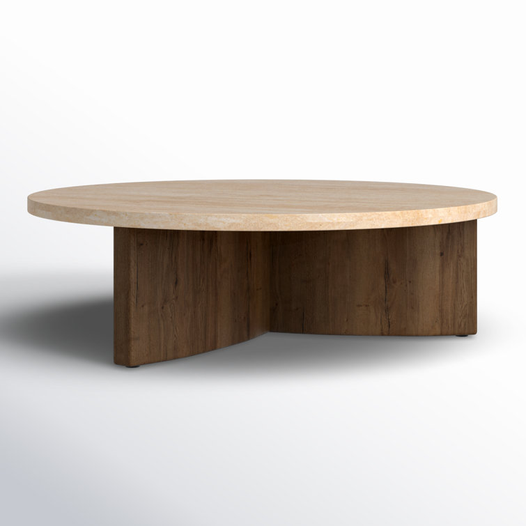 Round Travertine and Oak Coffee Table