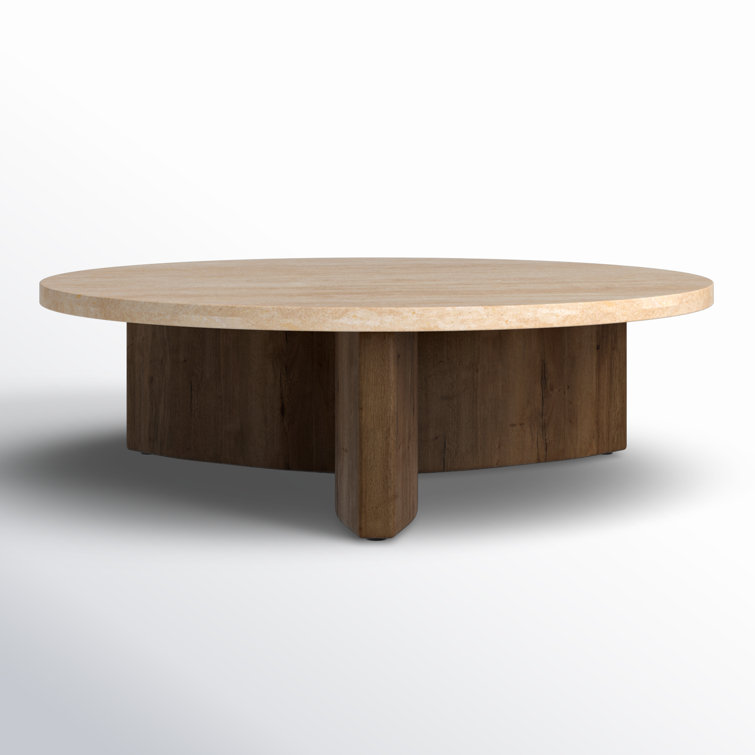 Round Travertine and Oak Coffee Table