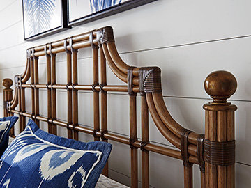King Burnished Gold Leaf Rattan Headboard with Leather Accents