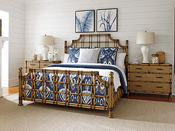 Queen Brown Rattan Poster Bed with Headboard