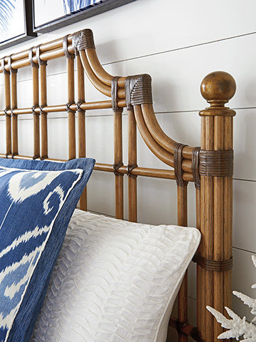 King Burnished Gold Leaf Rattan Headboard with Leather Accents