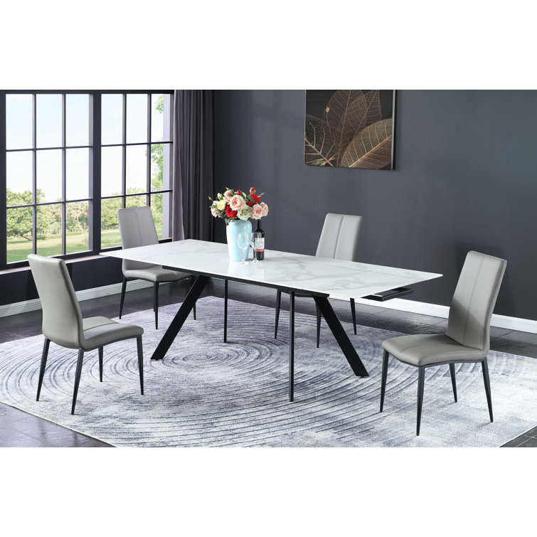 Gloss White Faux Marble Extendable Dining Set with Gray Chairs
