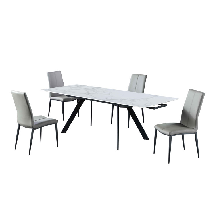 Gloss White Faux Marble Extendable Dining Set with Gray Chairs
