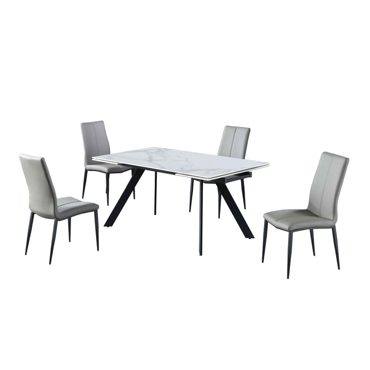 Gloss White Faux Marble Extendable Dining Set with Gray Chairs