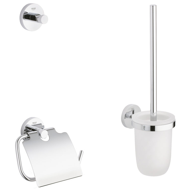 Chrome Modern Wall-Mounted Bathroom Accessory Set with Toilet Brush
