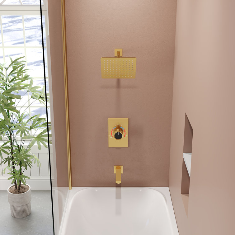Brushed Gold Wall-Mounted Rain Shower and Tub Faucet Set