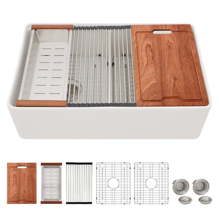 33'' White Ceramic Farmhouse Workstation Kitchen Sink with Accessories
