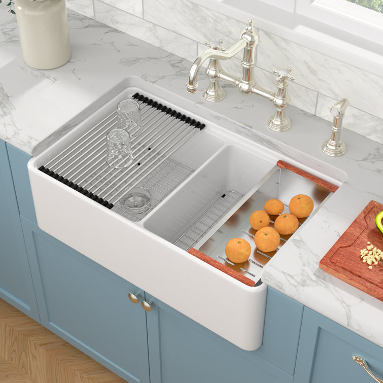 33'' White Ceramic Farmhouse Workstation Kitchen Sink with Accessories