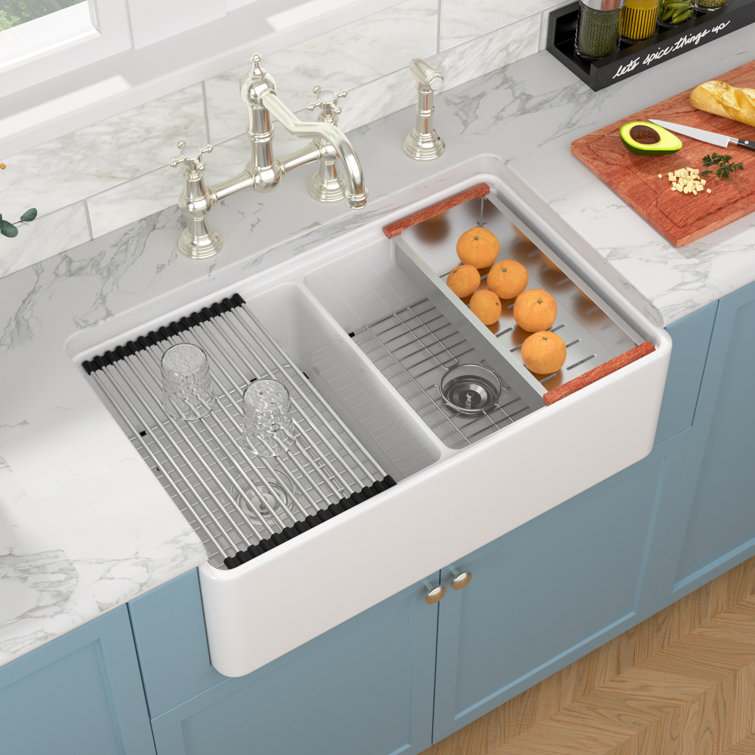 33'' White Ceramic Farmhouse Workstation Kitchen Sink with Accessories