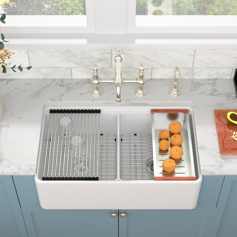 33'' White Ceramic Farmhouse Workstation Kitchen Sink with Accessories