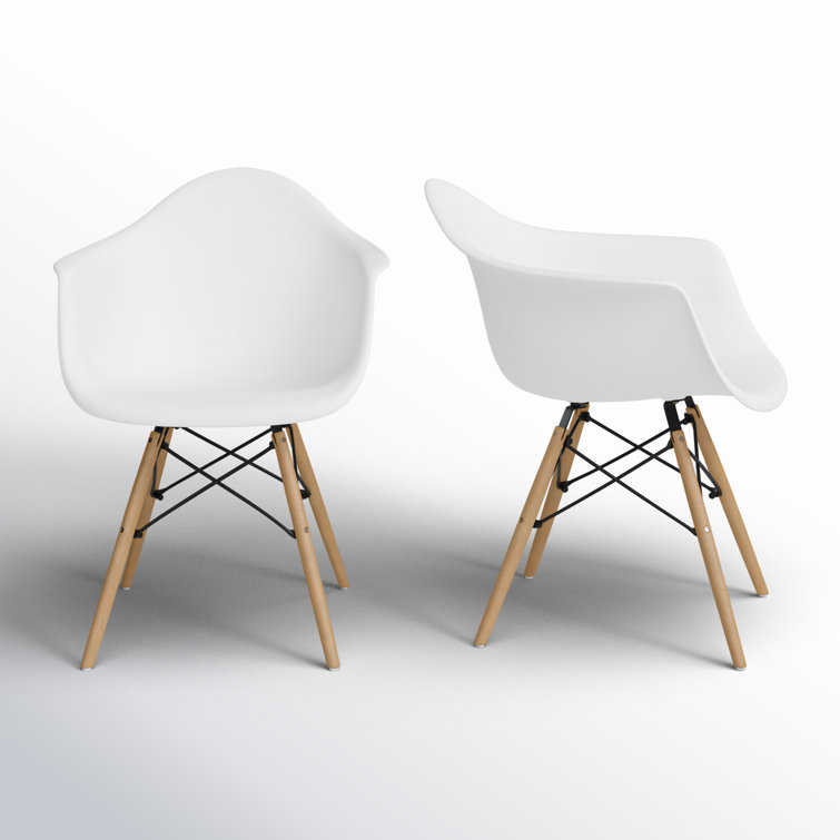 White Acrylic Arm Chair with Natural Wood Legs, Set of 2