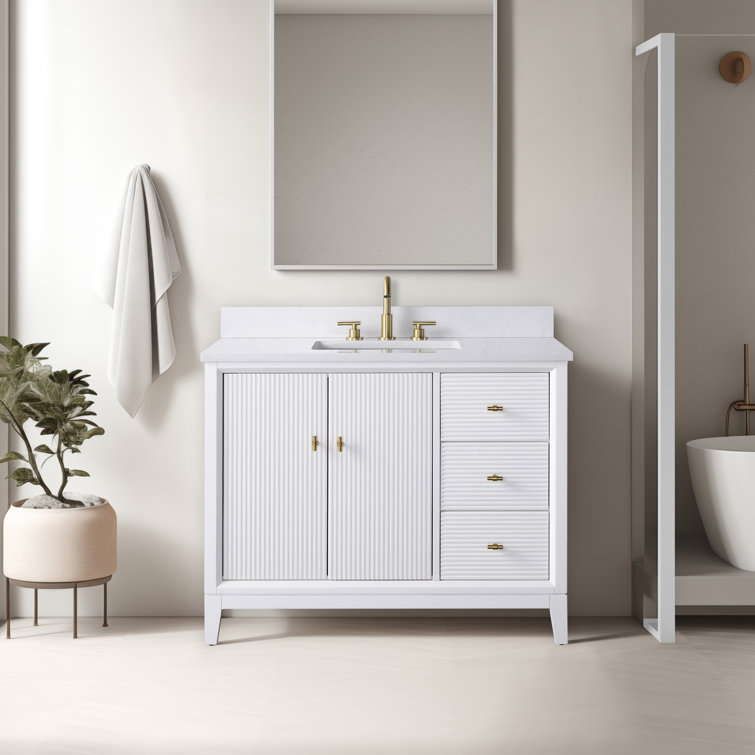 42" White Freestanding Bathroom Vanity with Engineered Marble Top