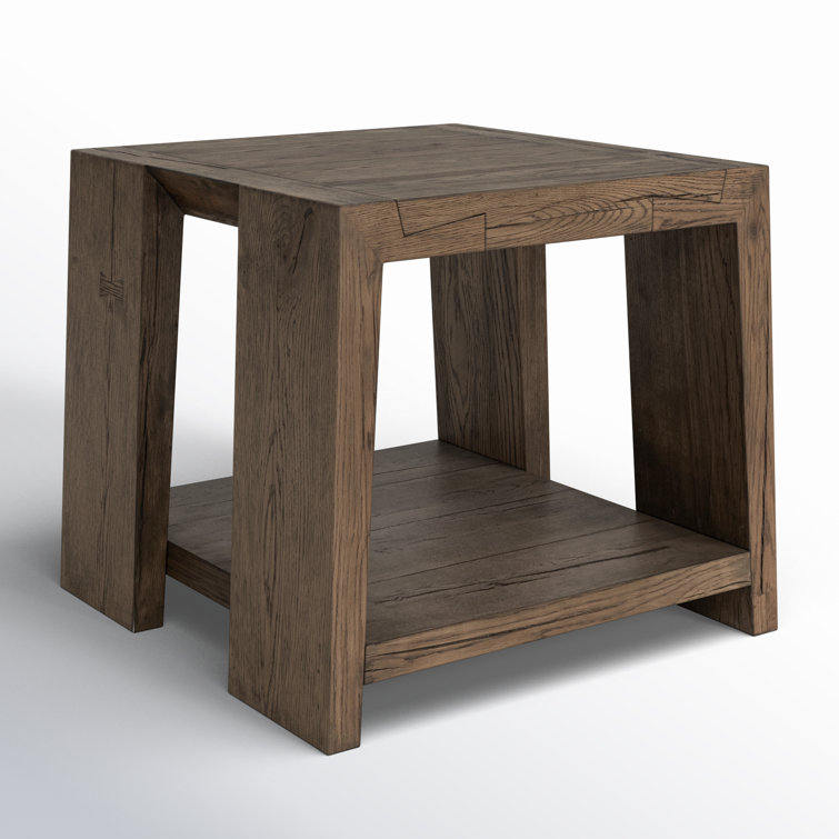 Antique Brown Oak Wood Rectangular End Table with Shelf