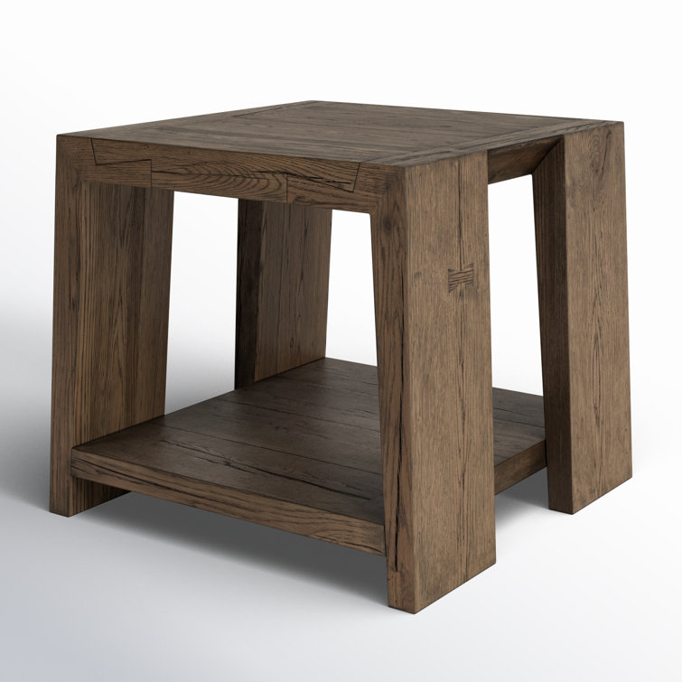 Antique Brown Oak Wood Rectangular End Table with Shelf