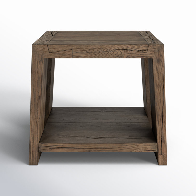 Antique Brown Oak Wood Rectangular End Table with Shelf