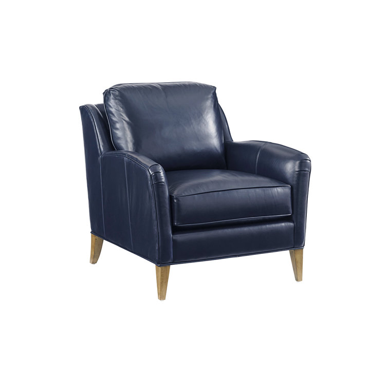 Blue Leather Accent Chair with Wooden Legs