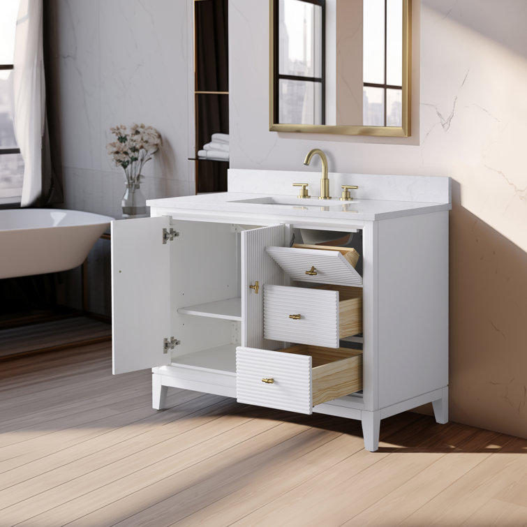 42" White Freestanding Bathroom Vanity with Engineered Marble Top