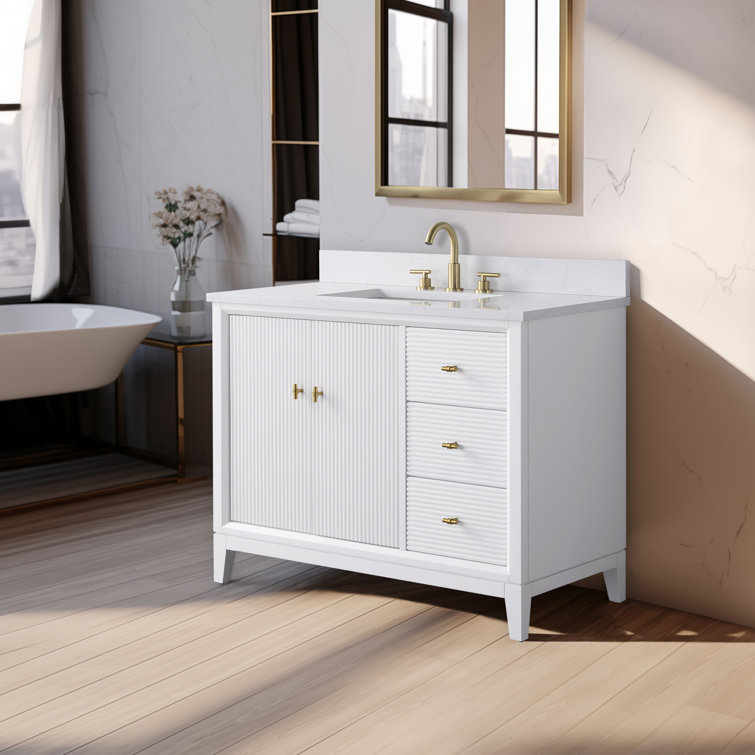 42" White Freestanding Bathroom Vanity with Engineered Marble Top