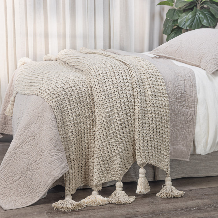 Beige Cotton Knitted Throw Blanket with Tassels