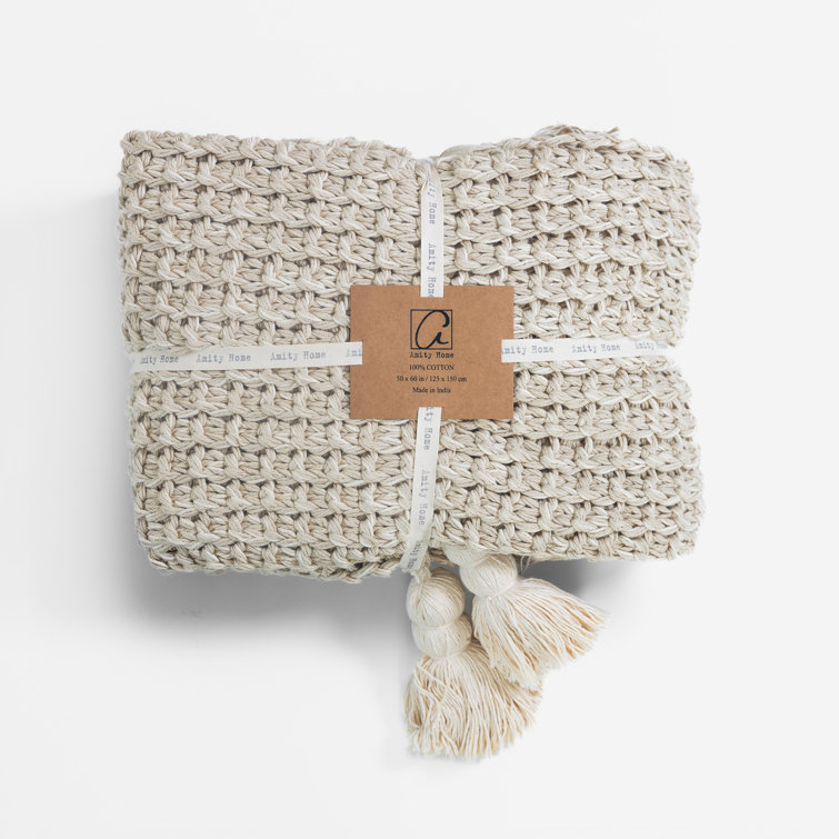 Beige Cotton Knitted Throw Blanket with Tassels