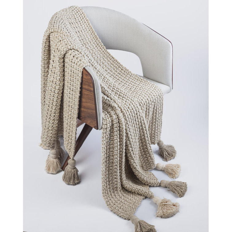 Beige Cotton Knitted Throw Blanket with Tassels