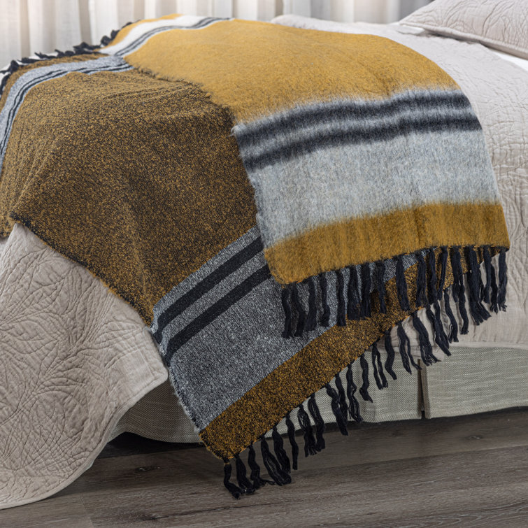 Ochre and Multi Wool Fringed Throw Blanket