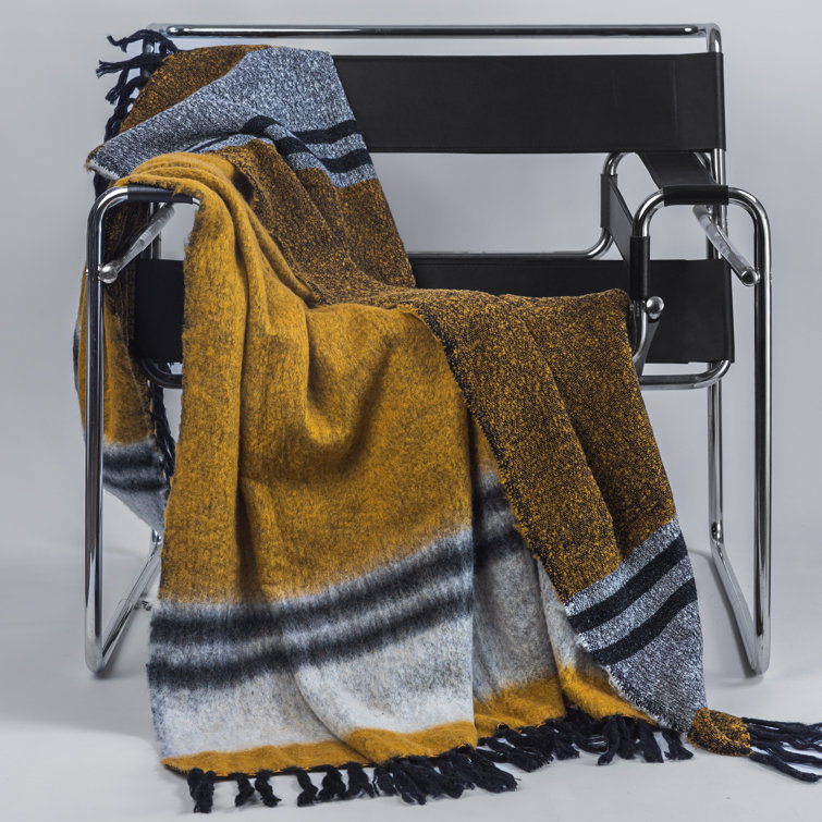 Ochre and Multi Wool Fringed Throw Blanket