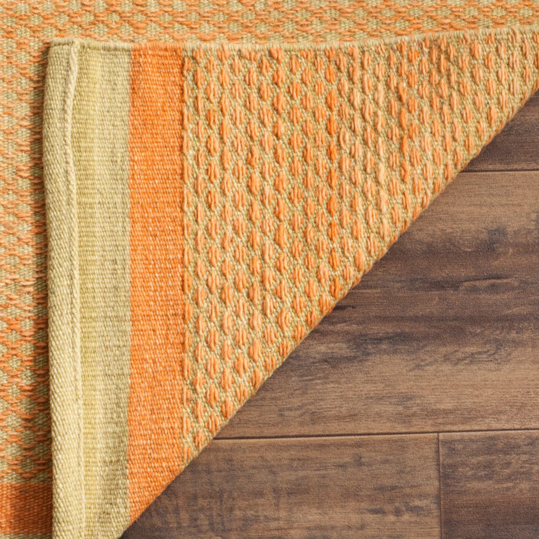 Handmade Orange and Lime Wool Flat Woven Rug, 4' x 6'
